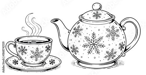 Hand drawn line art tea set featuring a teacup and teapot decorated with snowflakes for winter holidays