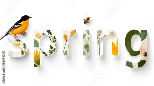Spring typography creating seasonal collage with blooming flowers, leaves, a bird, and a flying bee