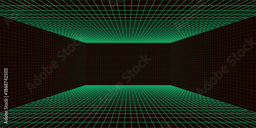 3D wireframe green room. Abstract perspective grid. Retro futuristic concept. Vector illustration.