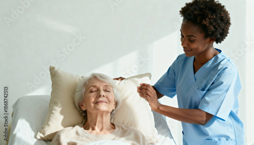 Young Black nurse adjusting pillow for elderly woman in hospital bed. Caregiver helping senior patient rest