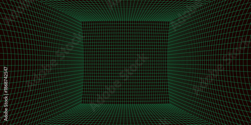 3D wireframe green room. Abstract perspective grid. Retro futuristic concept. Vector illustration.