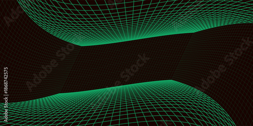 3D wireframe green room. Abstract perspective grid. Retro futuristic concept. Vector illustration.