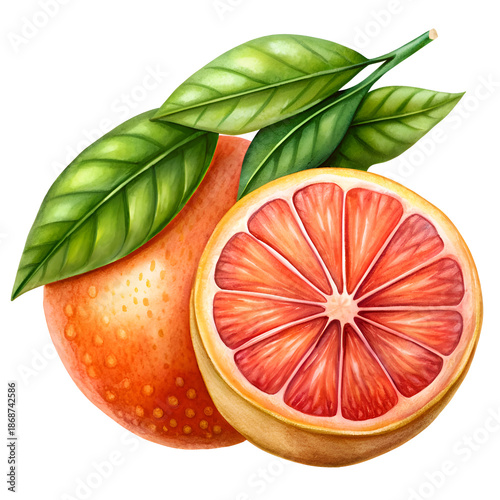 Hand drawn illustration of a whole and sliced pink grapefruit with vibrant green leaves. showcasing a fresh and appetizing visual.