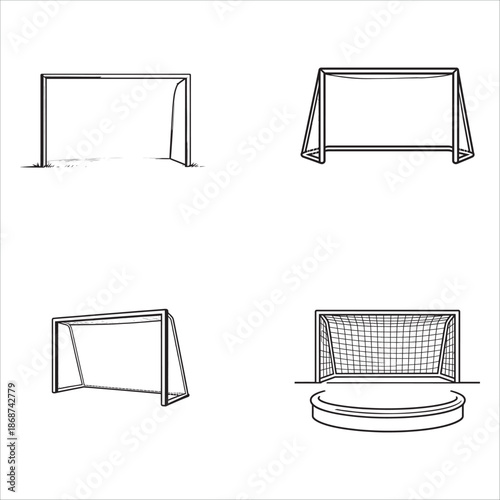 Illustrations of soccer goals in various perspectives and styles