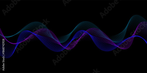 Neon sound wave on black background. Abstract flowing wavy dot lines design for ai concept, eq equalizer, audio record, voice assistant. Vector blue green purple gradient dashed curve stripe wallpaper