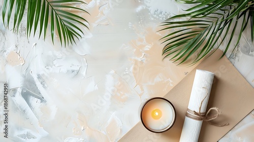 A serene setup with a lit candle and green plant on a white surface with shadows cast.