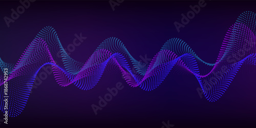 Neon sound wave on black background. Abstract flowing wavy dot lines design for ai concept, eq equalizer, audio record, voice assistant. Vector blue green purple gradient dashed curve stripe wallpaper