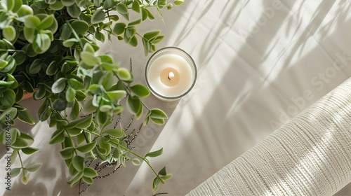 A serene still life with a lit candle and notebook on a surface surrounded by green leaves and shadows.