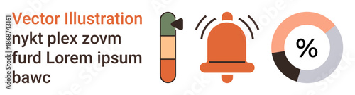 Business strategy, analytics, notifications, alerts, data visualization, progress tracking. Graphic displaying a bell, bar chart and pie chart. Business strategy and analytics concept