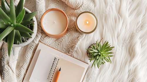 Cozy indoor scene with notebook, pen, and candle on wooden table by window