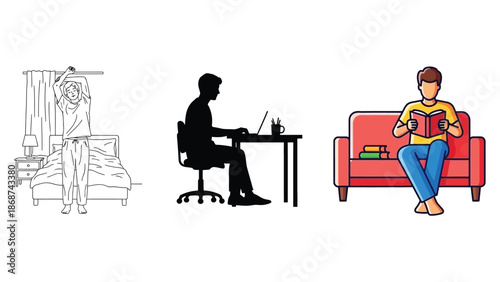 Visual representation depicting a person waking up working remotely and relaxing by reading a book illustrating daily routine and lifestyle balance concepts