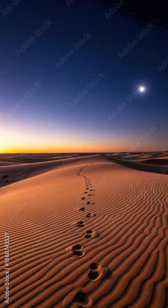 Naklejka premium Footprints in desert sand under a starry night sky, leading toward the horizon.. A captivating wide-angle view evokes mystery and adventure.. Endless possibilities, journey concept, desert landscape.