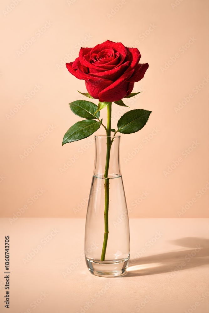 Fototapeta premium Single red rose in glass vase on beige background. A symbol of love and passion. Fresh cut flower, romantic gift, floral arrangement.