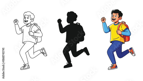 Cheerful young student enthusiastically running forward while wearing a backpack showcasing line art silhouette and full color versions for versatile design application