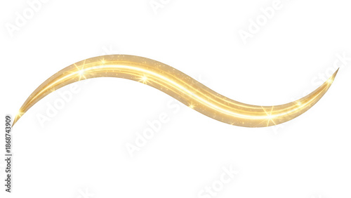 Golden sparkling wave line brush stroke element with glitter effect, isolated on transparent background