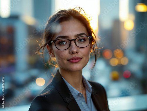 Confident young businesswoman in glasses smiling professionally in a modern office setting, backlit by warm sunset glow over a blurred city skyline.