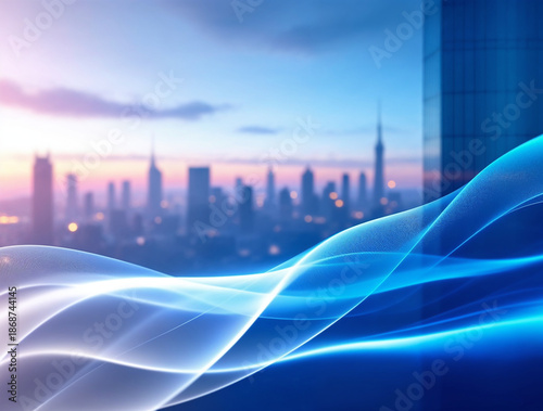 Abstract blue digital waves with modern city skyline. Futuristic background for technology, data, business, global networks, and urban development concepts.