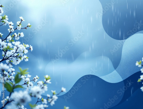 Delicate white blossoms against a tranquil blue sky with soft rain and abstract wave patterns, evoking a serene spring atmosphere.