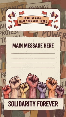 A vibrant illustration of raised fists and protest signs promoting solidarity and social change