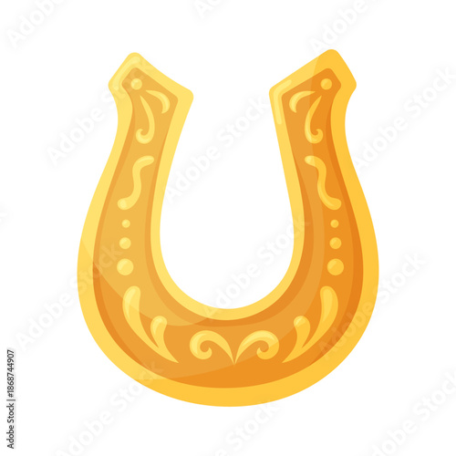 Golden horseshoe with ornament. Hand drawn vector illustration. Object on white background. Design element for Saint Patricks Day.