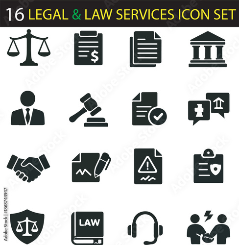 Legal and Law Services Solid Black Icon Set