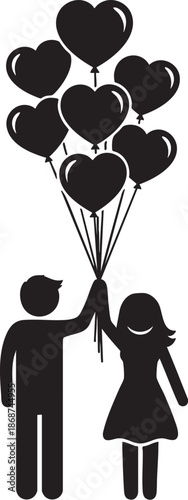 Minimalist black hot air balloon illustration floating above grassy field with silhouette style