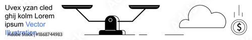 Financial balance, cloud storage, economic value, technology, scales, decision-making. A balance scale, cloud and monetary symbol in minimalistic black and white design. Financial balance