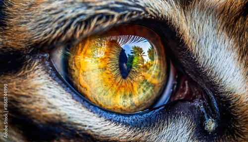 Majestic Bengal tiger eye with detailed iris and jungle reflection, symbolic vision of wilderness and predator strength.