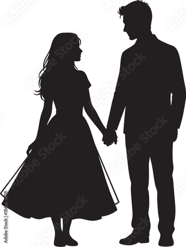 Couple silhouette holding hands romantic love illustration with relationship and shadow