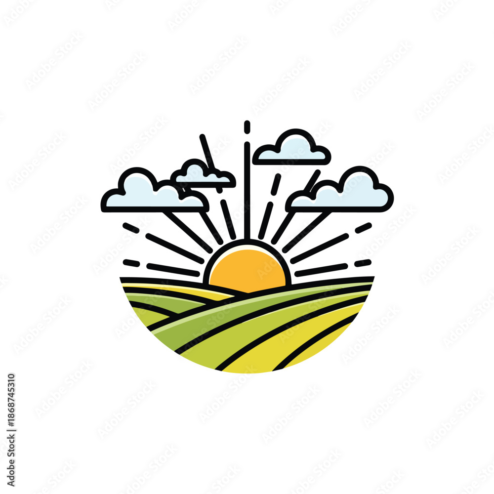 Fototapeta premium Morning sun rays illuminating fertile green fields with fluffy clouds illustration