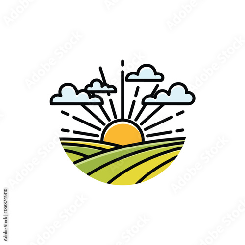 Morning sun rays illuminating fertile green fields with fluffy clouds illustration