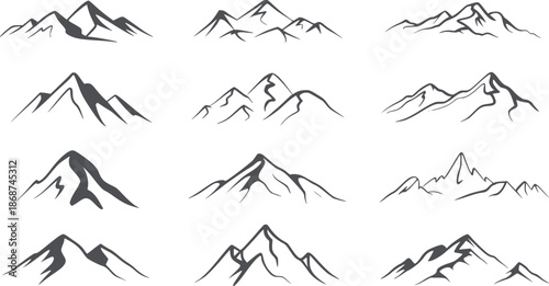 Hand drawn black and mountain peak collection of fifteen variations mountains peaks