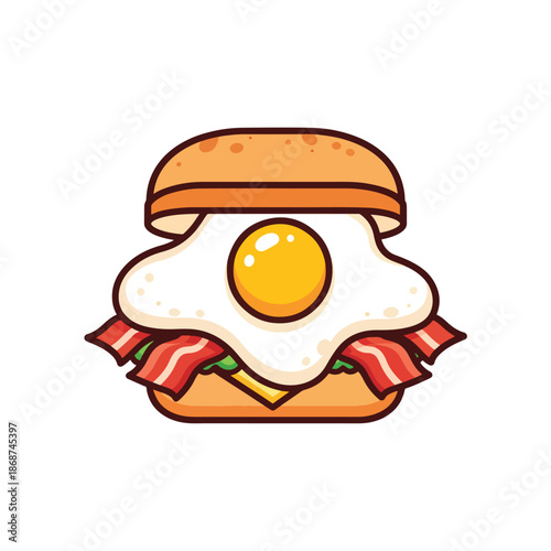Vibrant Cartoon Illustration of a Hearty Breakfast Sandwich with Egg and Bacon