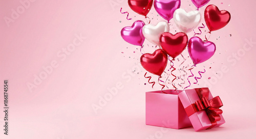 A collection of red, pink, and white heart-shaped balloons flying out from an open pink gift box with a red ribbon.