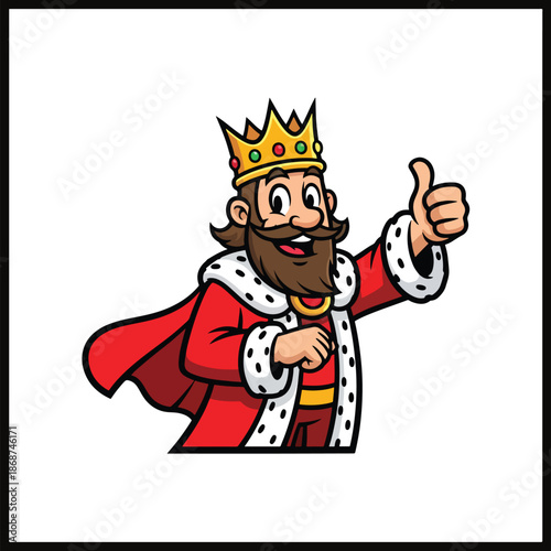 Cheerful cartoon king with beard and crown offering a positive thumbs-up gesture