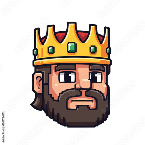 Pixel Art King Character Head with Crown and Beard - Digital Gaming Avatar Icon