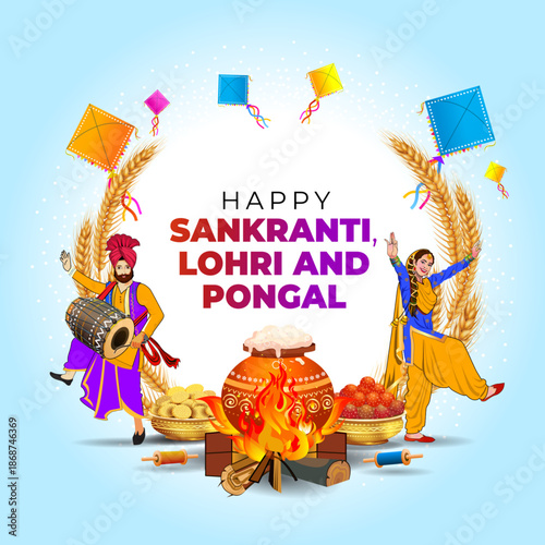 Indian harvest festival Makar Sankranti, Lohri and pongal welcome background.
