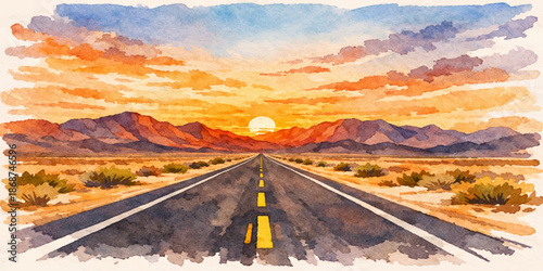 An empty asphalt highway winds through the scenic Arizona desert valley toward majestic mountains under a sunset sky during a travel journey on a nature route