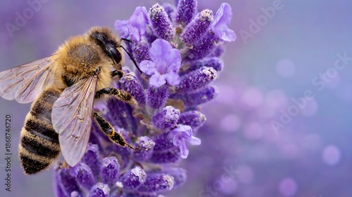 Macro close-up of a honeybee collecting nectar from purple lavender flowers, highlighting pollination, delicate wings, and natural textures in a soft blurred background.