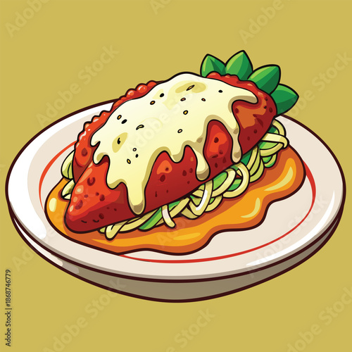 A Cartoon Illustration of a Plate of Chicken Parmesan with Spaghetti