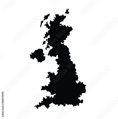 Silhouette map of the United Kingdom of Great Britain and Northern Ireland, a geographical outline.