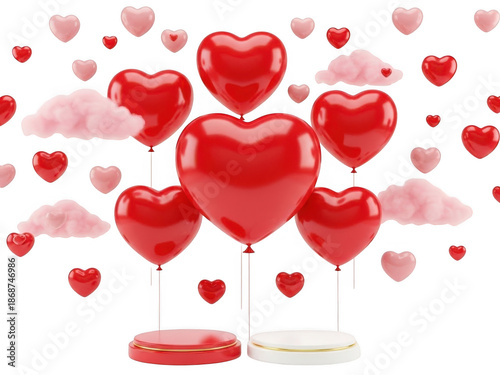 Celebratory heart balloons floating in a whimsical sky isolated on transparent background