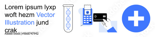 Biotechnology, digital payments, healthcare services, laboratory research, innovation in medicine, financial security. DNA strand, payment terminal with a card health cross symbol. Biotechnology