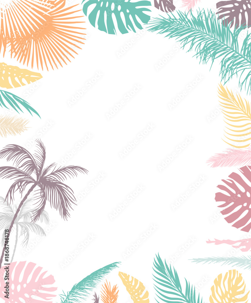 Obraz premium Multicolored palm leaf frame Light pastel colors. Hand drawn. Not AI, vector illustration.