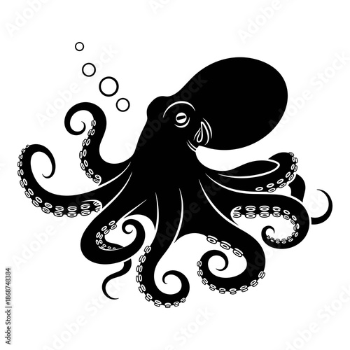 Striking black silhouette vector illustration depicting a detailed common octopus with multiple curling tentacles and rising air bubbles showcasing marine life.