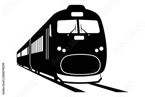 Sleek modern high-speed passenger train locomotive is depicted in a striking black and white graphic silhouette moving forward along the railway tracks.