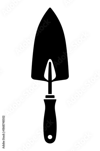 A simple, black silhouette icon of a hand trowel tool ideal for gardening tasks like digging, transplanting, and weeding in the soil.