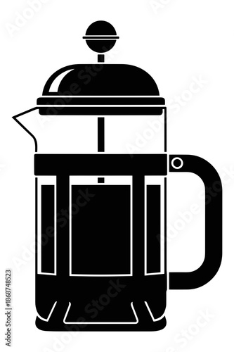 Simple black and white vector graphic icon representing a classic manual french press coffee maker with plunger mechanism for brewing rich espresso style beverages.
