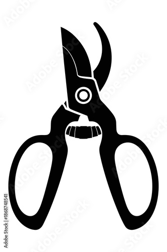 Black and white graphic icon illustrating heavy-duty bypass pruning shears essential for garden trimming and precise shrub maintenance tasks.