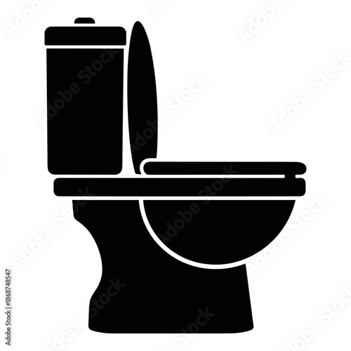 Simple black and white vector icon silhouette illustrating a modern, standard flush toilet with the tank and seat positioned upright for bathroom usage.
